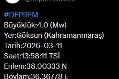 AFAD duyurdu: Kahramanmaraş’ta 4 büyüklüğünde deprem