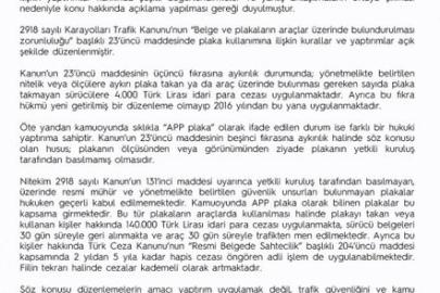 EGM’den "‘APP plaka" açıklaması: Resmi mühür ve güvenlik unsurları bulunmayan plakaları kullananlara 140 bin lira ceza uygulanacak