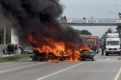 Samsun’da 5 araçlı zincirleme kaza: 3 otomobil alev alev yandı, 4 yaralı