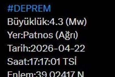 Ağrı’da 4.3 büyüklüğünde deprem