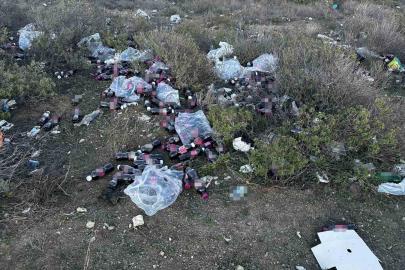 Tarihi geçmiş yüzlerce şalgam suyu şişesini ormanlık alana attılar