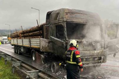 Tomruk yüklü tır alev topuna döndü