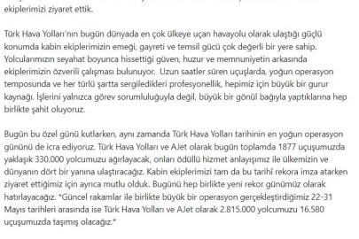 THY Yönetim Kurulu Başkanı Murat Şeker, Dünya Kabin Memurları Günü’nü kutladı
