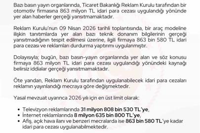 Ticaret Bakanlığı: "Bir otomotiv firmasına 863 milyon lira ceza uygulandığı haberleri gerçeği yansıtmamaktadır"