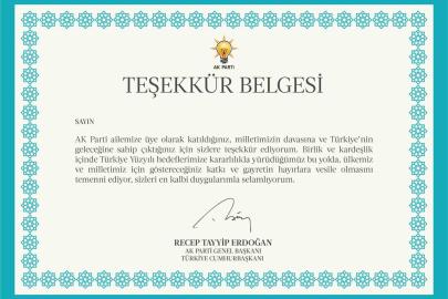 AK Parti’den 11,5 milyon üyesine Cumhurbaşkanı Erdoğan imzalı teşekkür belgesi