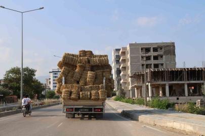 Aşırı saman yüklü pikabın trafikteki tehlikeli yolcuğu