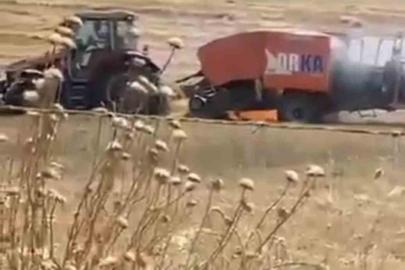 Balya makinesindeki yangın tarlaya sıçradı