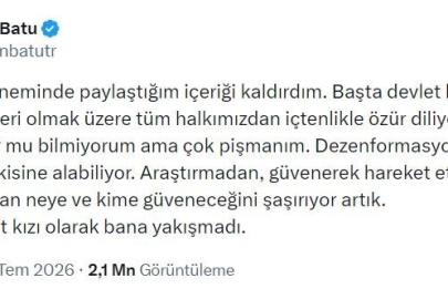 Deprem zamanında "Devlet yoktu" diye paylaşım yapan Pelin Batu özür diledi