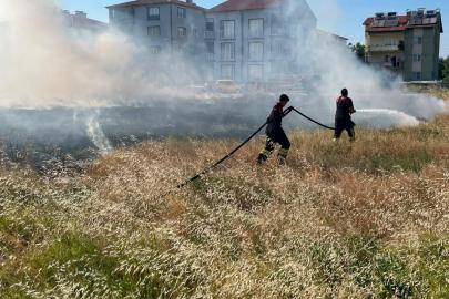 Rüzgarın etkisiyle büyüyen ot yangını evlere ulaşmadan söndürüldü