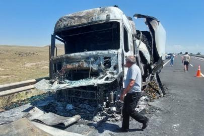 Seyir halindeki sebze yüklü tır yandı