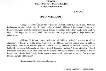 Tunceli Cumhuriyet Başsavcılığı: "Gülistan Doku’nun cansız bedeninin şüphelilerle irtibatlı korucular tarafından organize ve bilinçli bir şekilde gömüldüğü veya yok edildiğine yönelik önemli tespit ve delillere ulaşılmıştır"