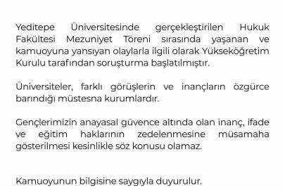 YÖK’ten Yeditepe Üniversitesinin mezuniyet törenindeki olaylara ilişkin soruşturma