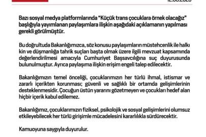 Aile ve Sosyal Hizmetler Bakanlığından "Küçük trans çocuklara örnek olacağız" paylaşımlarına suç duyurusu