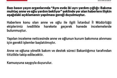 Bakanlıktan ’bakıma muhtaç anne ve oğlu’ ile ilgili açıklama: "Kurum bakımına alınmaları için gerekli işlemler başlatılmıştır"