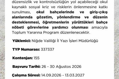 Niğde İŞKUR’dan okullar için 155 kişilik TYP duyurusu