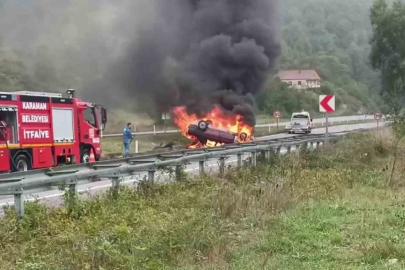 Zonguldak’ta takla atan otomobil alevlere teslim oldu: 1 yaralı