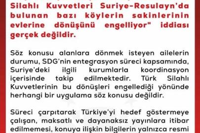 DMM’den, "Türk Silahlı Kuvvetleri Suriye’de bazı köy sakinlerinin evlerine dönüşünü engelliyor" iddialarına yalanlama