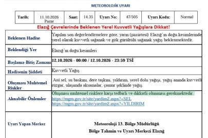 Elazığ için kuvvetli yağış uyarısı
