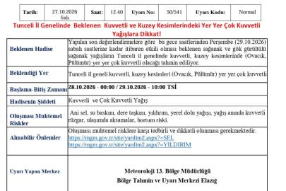 Meteorolojiden Tunceli  için kuvvetli yağış uyarısı