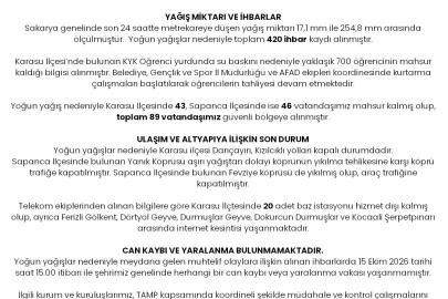 Sakarya Valiliği, kuvvetli yağışın ilk bilançosunu açıkladı