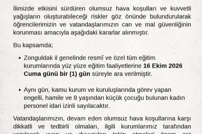 Zonguldak Valiliğinden yağış kararı: Okullara bir gün ara, bazı personele idari izin