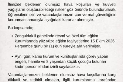 Zonguldak’ta eğitime bir gün ara verildi